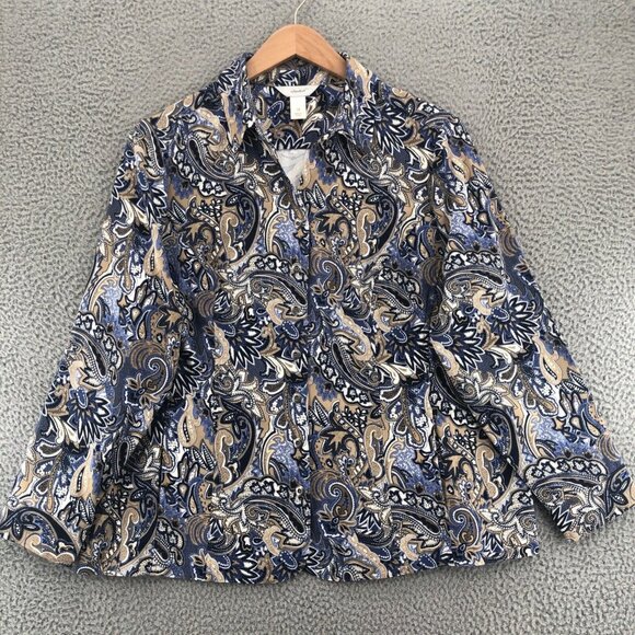 CJ Banks Jacket Womens 1X Plus Blue Paisley Shacket Collared Button Up Stretch - Picture 1 of 11